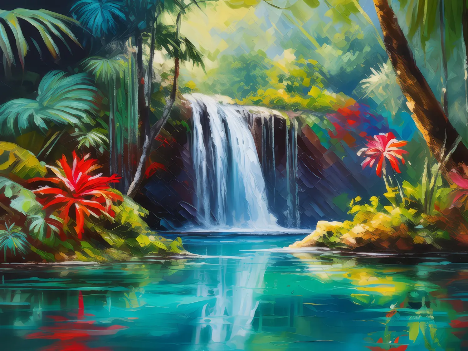Painting: Hidden Waterfall in Tropical Forest