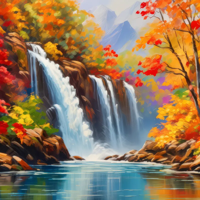 Painting: Autumn Waterfall Panorama
