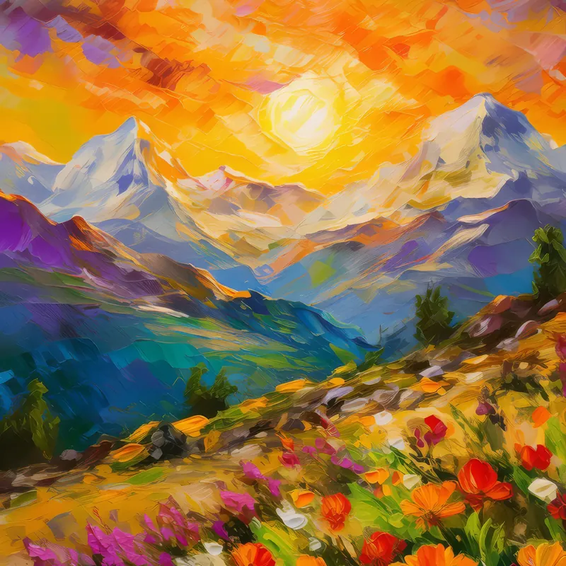 Painting: Fiery Sunset Over Alps