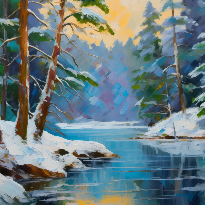 Painting: Frozen Lake in Forest