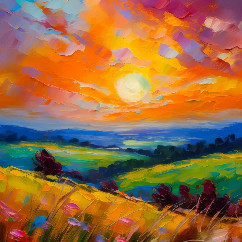 Painting: Grassland with Colorful Sunset