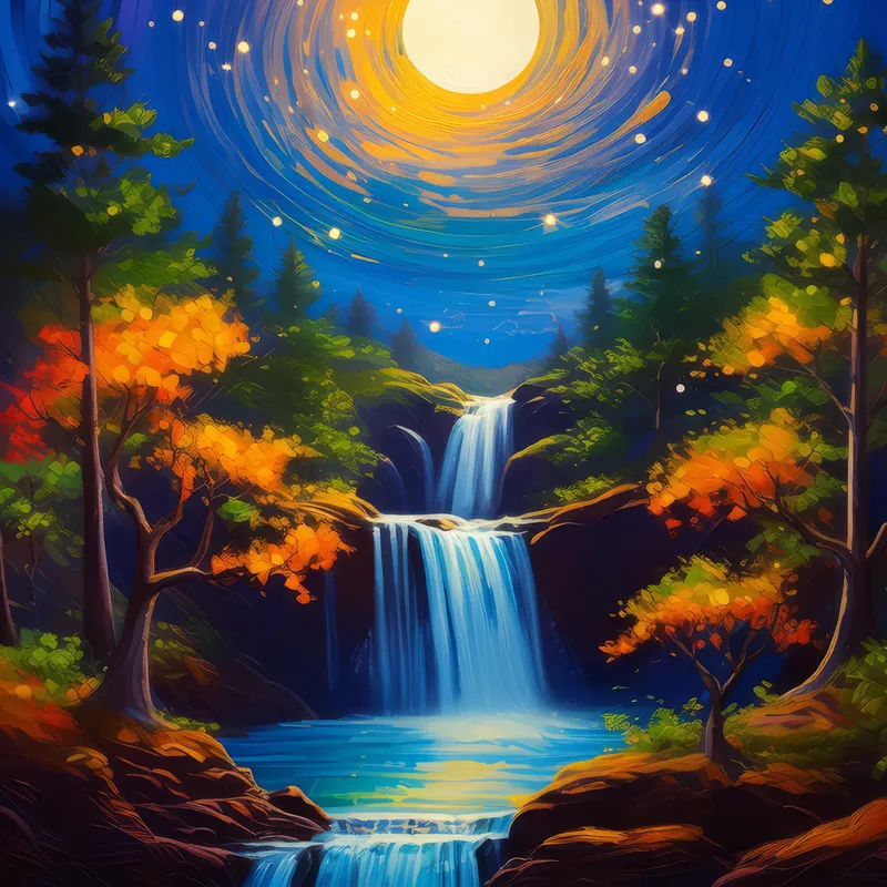Painting: Moonlight Waterfall Journey