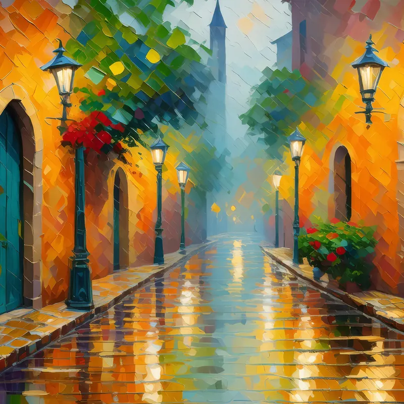 Painting: Old City Alley in Rain