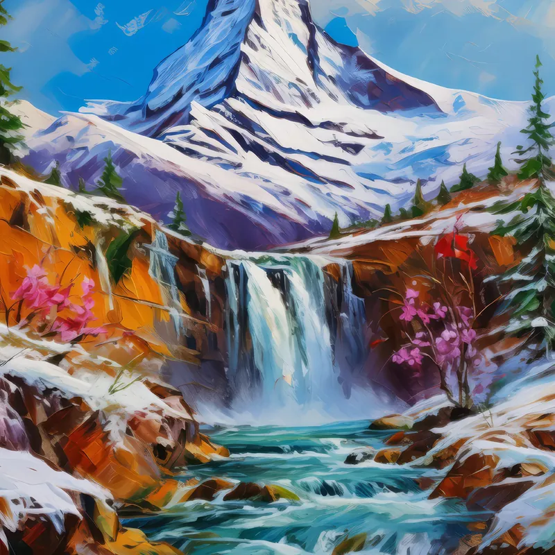 Painting: Waterfall Amidst Frozen Peaks